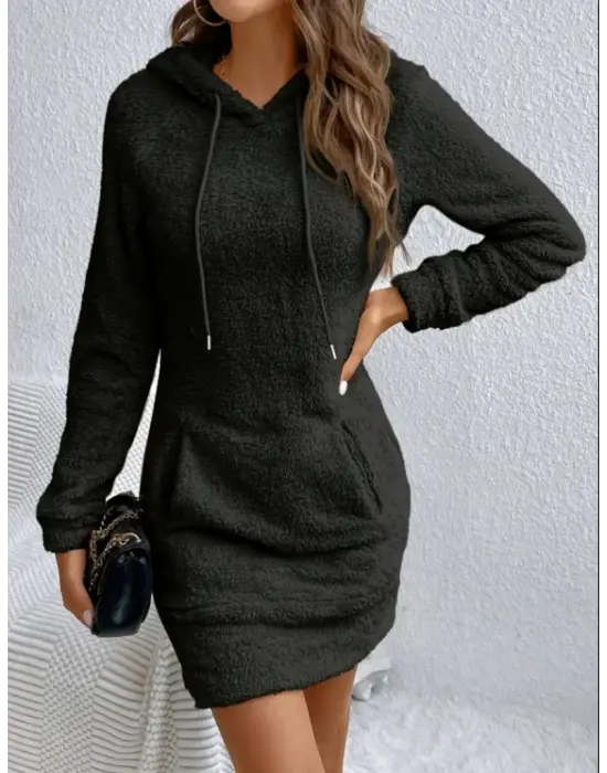Kadın Uzun Kollu Kapşonlu Cepli Mini Peluş Elbise