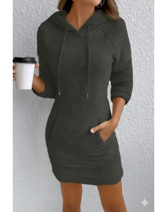 Kadın Uzun Kollu Kapşonlu Cepli Mini Peluş Elbise