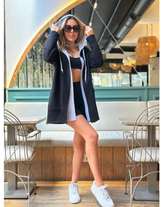 Kadın Uzun Kollu Kapşonlu çift Renkli şardonlu Iki Iplik Ceket