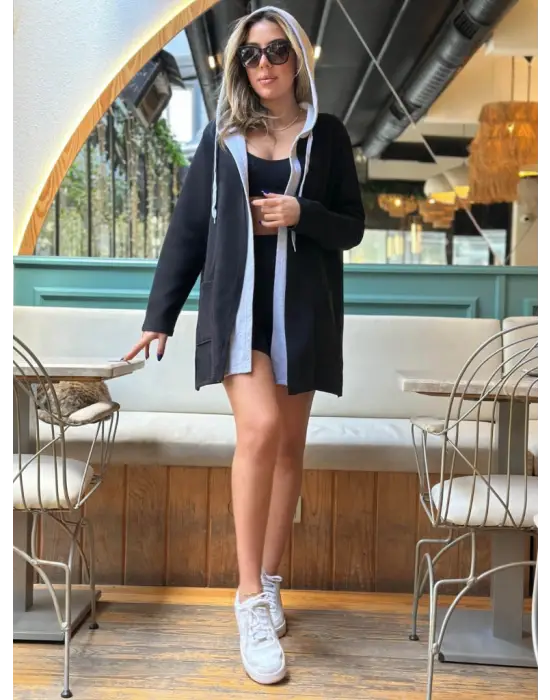 Kadın Uzun Kollu Kapşonlu çift Renkli şardonlu Iki Iplik Ceket