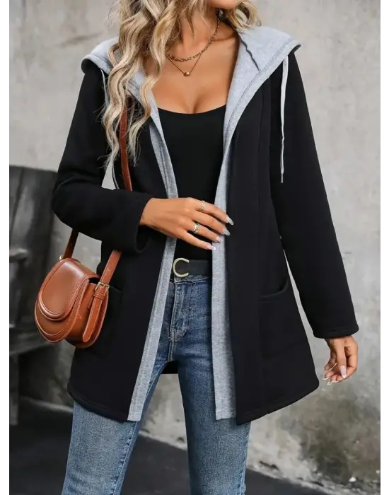 Kadın Uzun Kollu Kapşonlu çift Renkli şardonlu Iki Iplik Ceket