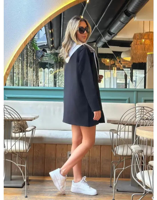 Kadın Uzun Kollu Kapşonlu çift Renkli şardonlu Iki Iplik Ceket