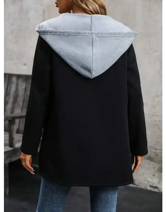 Kadın Uzun Kollu Kapşonlu çift Renkli şardonlu Iki Iplik Ceket