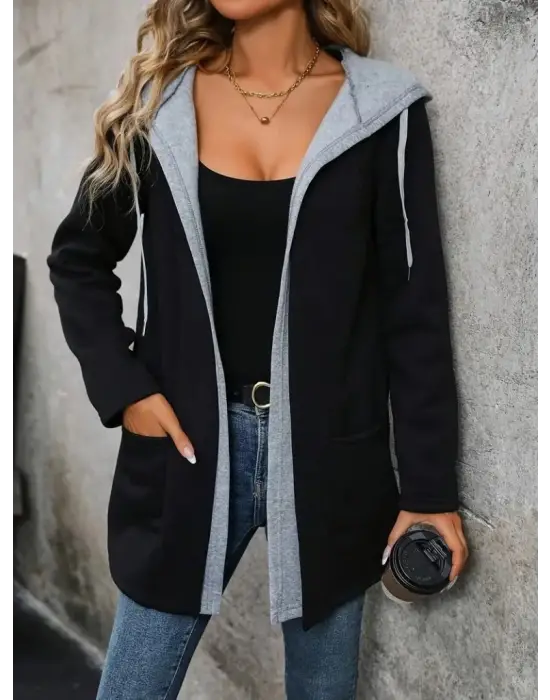 Kadın Uzun Kollu Kapşonlu çift Renkli şardonlu Iki Iplik Ceket