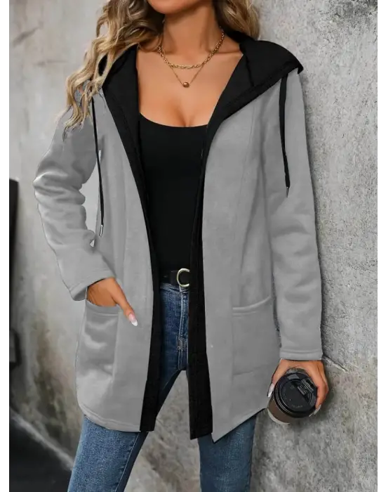 Kadın Uzun Kollu Kapşonlu çift Renkli şardonlu Iki Iplik Ceket
