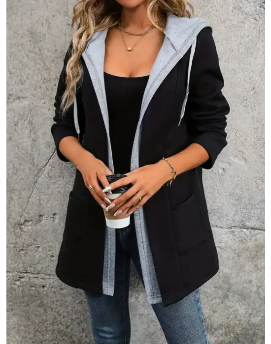 Kadın Uzun Kollu Kapşonlu çift Renkli şardonlu Iki Iplik Ceket