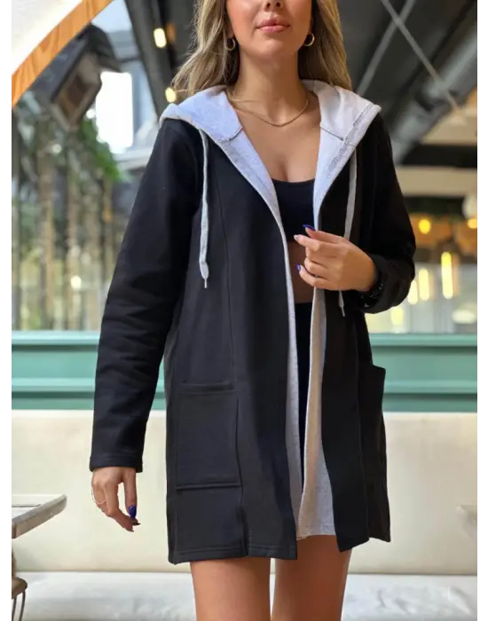 Kadın Uzun Kollu Kapşonlu çift Renkli şardonlu Iki Iplik Ceket