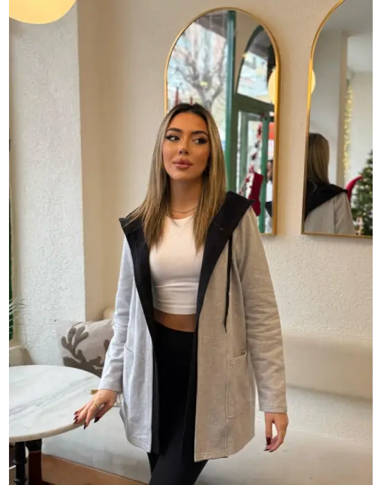 Kadın Uzun Kollu Kapşonlu çift Renkli şardonlu Iki Iplik Ceket