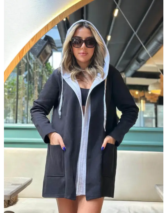 Kadın Uzun Kollu Kapşonlu çift Renkli şardonlu Iki Iplik Ceket