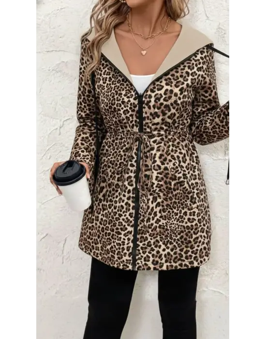 Kadın Uzun Kollu Kapşonlu çift Taraflı Cepli Bağcıklı Fermuarlı Viskon Iki Iplik Ceket