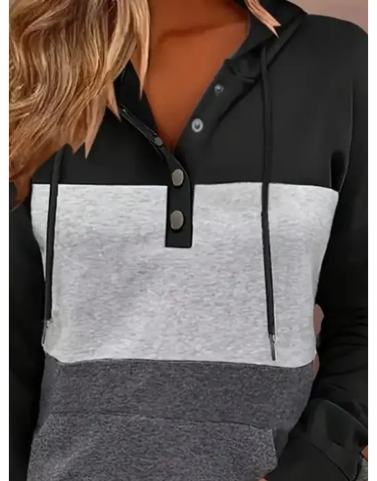 Kadın Uzun Kollu Kapşonlu çok Renkli Iki Iplik Bluz