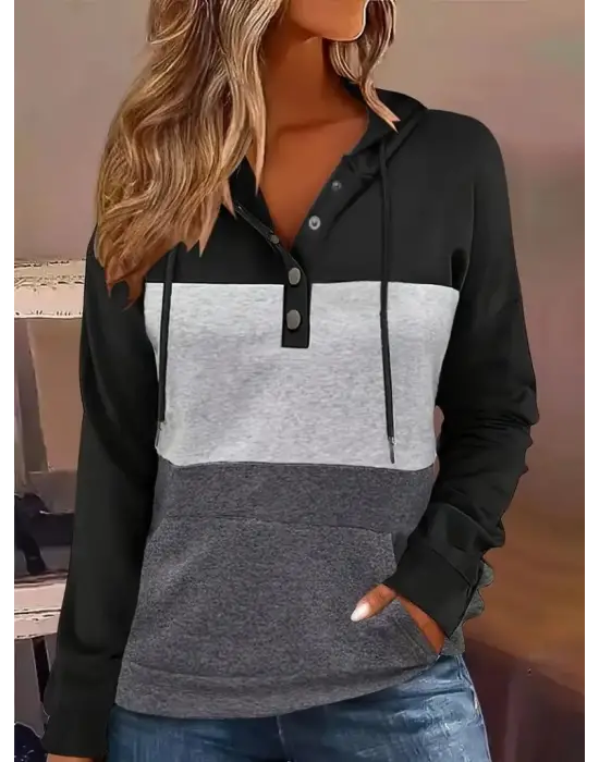 Kadın Uzun Kollu Kapşonlu çok Renkli Iki Iplik Bluz