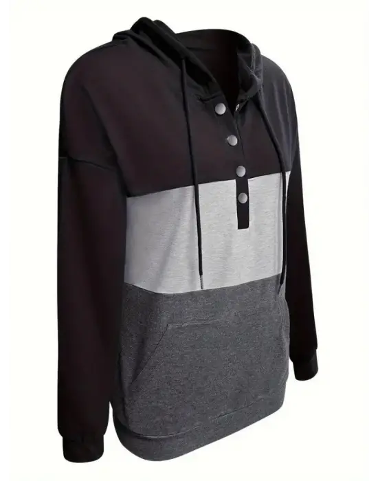 Kadın Uzun Kollu Kapşonlu çok Renkli Iki Iplik Bluz