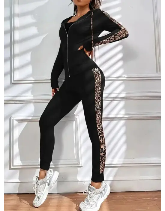 Kadın Uzun Kollu Kapşonlu Fermuarlı Bağcıklı Viskon Iki Iplik Bluz Ve Pantolon Tayt