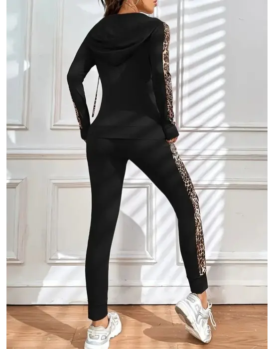 Kadın Uzun Kollu Kapşonlu Fermuarlı Bağcıklı Viskon Iki Iplik Bluz Ve Pantolon Tayt