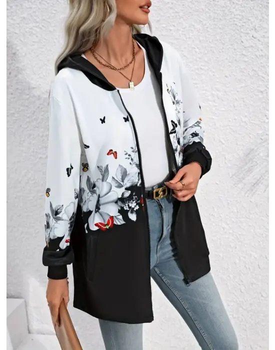 Kadın Uzun Kollu Kapşonlu Fermuarlı çiçek-kelebek Desenli şardonlu Dalgıç Ceket