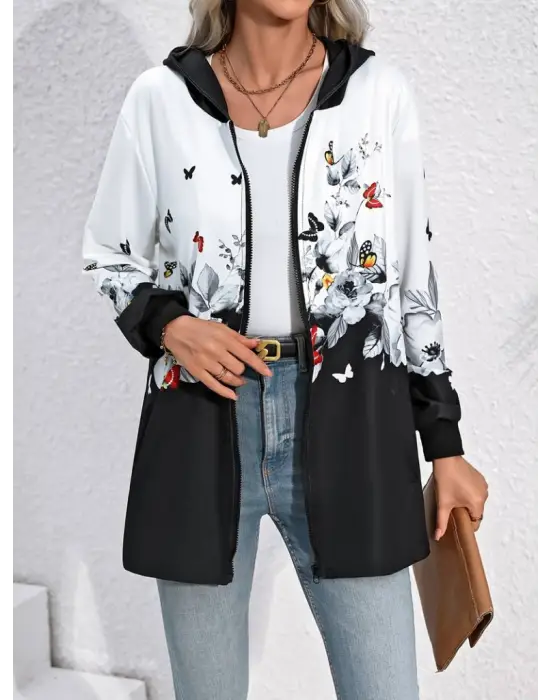 Kadın Uzun Kollu Kapşonlu Fermuarlı çiçek-kelebek Desenli şardonlu Dalgıç Ceket