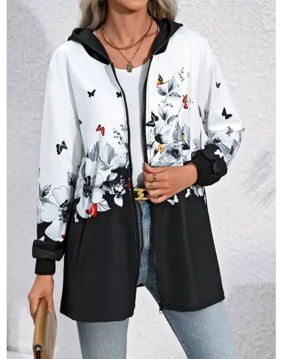 Kadın Uzun Kollu Kapşonlu Fermuarlı çiçek-kelebek Desenli şardonlu Dalgıç Ceket