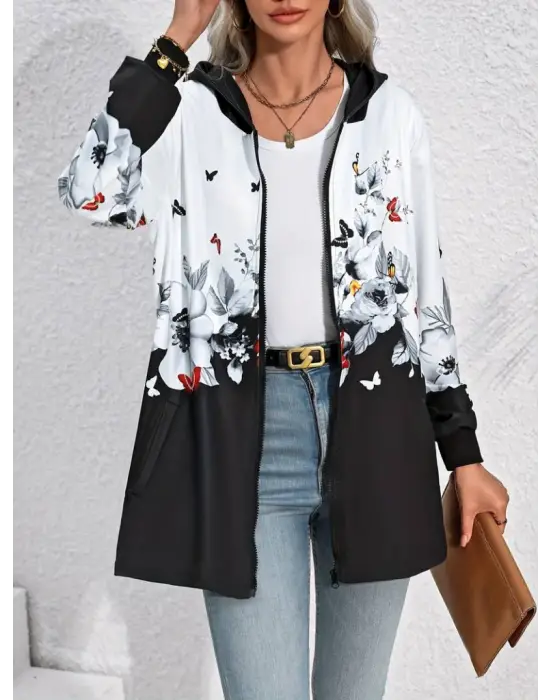 Kadın Uzun Kollu Kapşonlu Fermuarlı çiçek-kelebek Desenli şardonlu Dalgıç Ceket