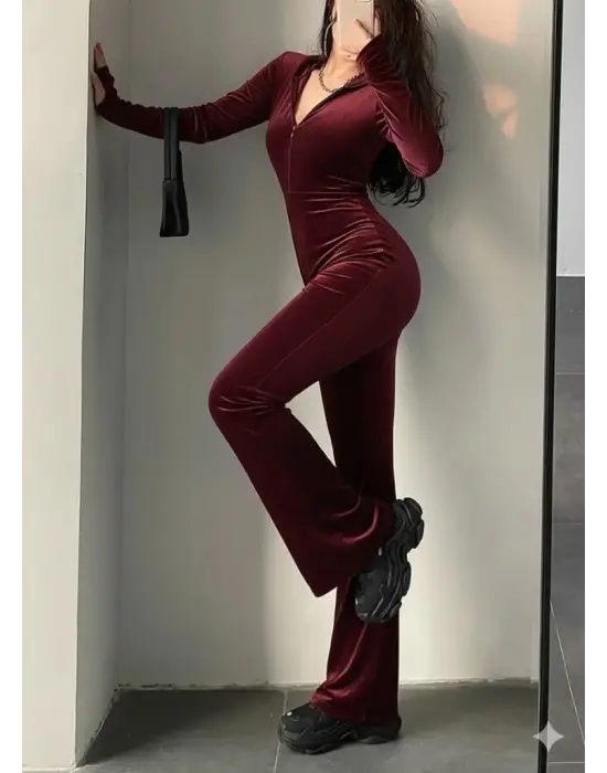 Kadın Uzun Kollu Kapşonlu Fermuarlı Kadife Tulum