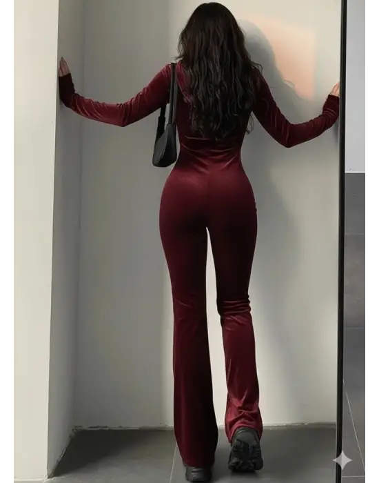 Kadın Uzun Kollu Kapşonlu Fermuarlı Kadife Tulum