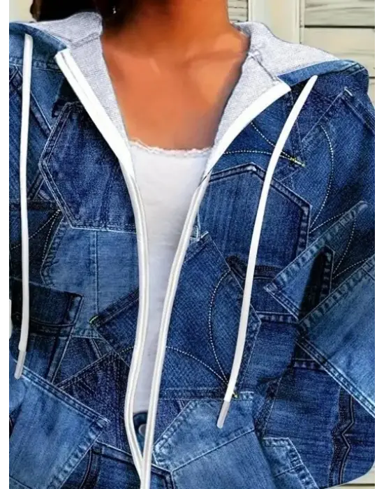 Kadın Uzun Kollu Kapşonlu Fermuarlı Kot Desenli Bağcıklı Modal Ceket