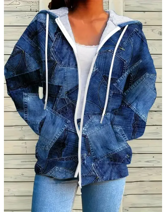 Kadın Uzun Kollu Kapşonlu Fermuarlı Kot Desenli Bağcıklı Modal Ceket