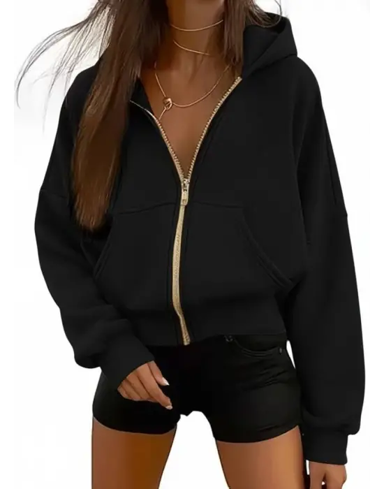 Kadın Uzun Kollu Kapşonlu Fermuarlı önden Cep Detaylı şardonlu Iki Iplik Ceket