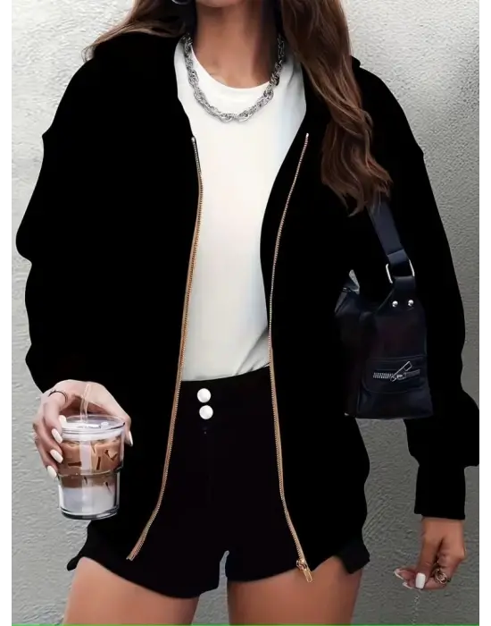 Kadın Uzun Kollu Kapşonlu Fermuarlı önden Cep Detaylı şardonlu Iki Iplik Ceket