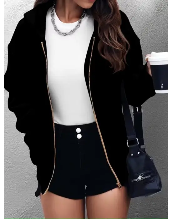 Çarpıcı Kadın Fermuarlı Kapşonlu İki İplik Ceket