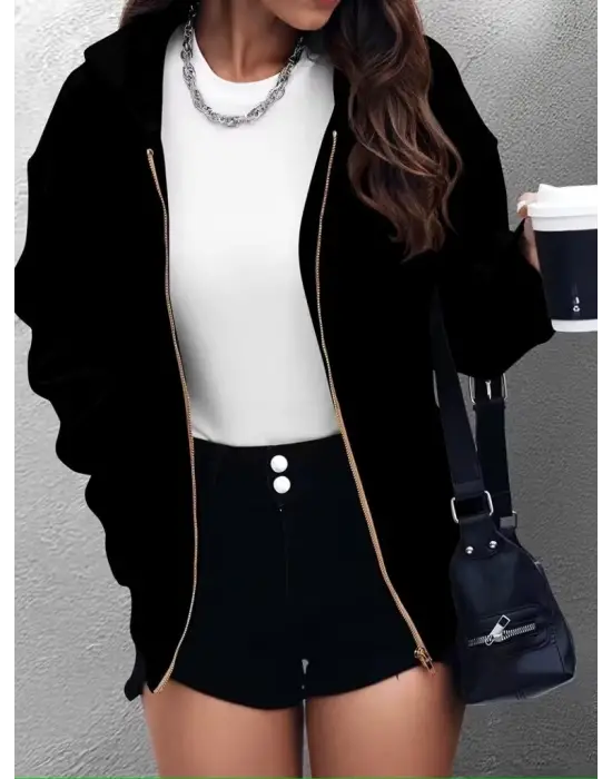 Kadın Uzun Kollu Kapşonlu Fermuarlı önden Cep Detaylı şardonlu Iki Iplik Ceket