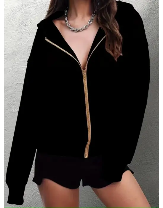 Kadın Uzun Kollu Kapşonlu Fermuarlı önden Cep Detaylı şardonlu Iki Iplik Ceket