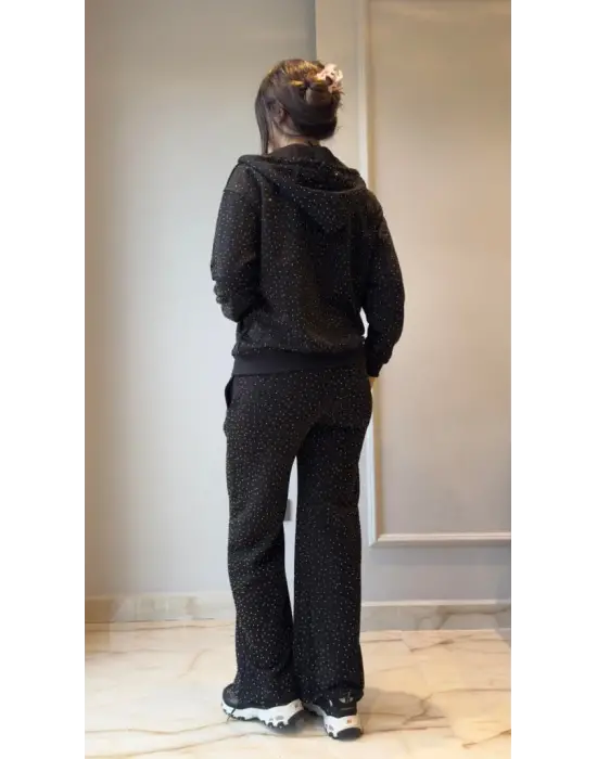 Kadın Uzun Kollu Kapşonlu Fermuarlı Taşlı önü Fermuarlı Viskon Iki Iplik Bluz Ve Eşofman Altı Ikili Takım