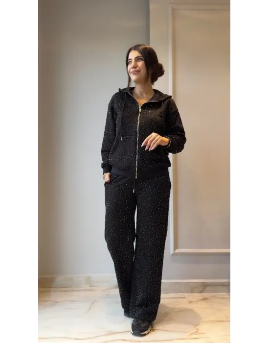 Kadın Uzun Kollu Kapşonlu Fermuarlı Taşlı önü Fermuarlı Viskon Iki Iplik Bluz Ve Eşofman Altı Ikili Takım