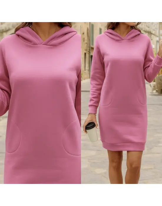 Kadın Uzun Kollu Kapşonlu Kısa Iki Iplik Elbise