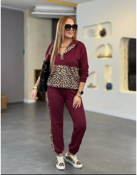 Kadın Uzun Kollu Kapşonlu Leopar Desen Detaylı Viskon Iki Iplik Bluz Ve Pantolon Ikili Takım