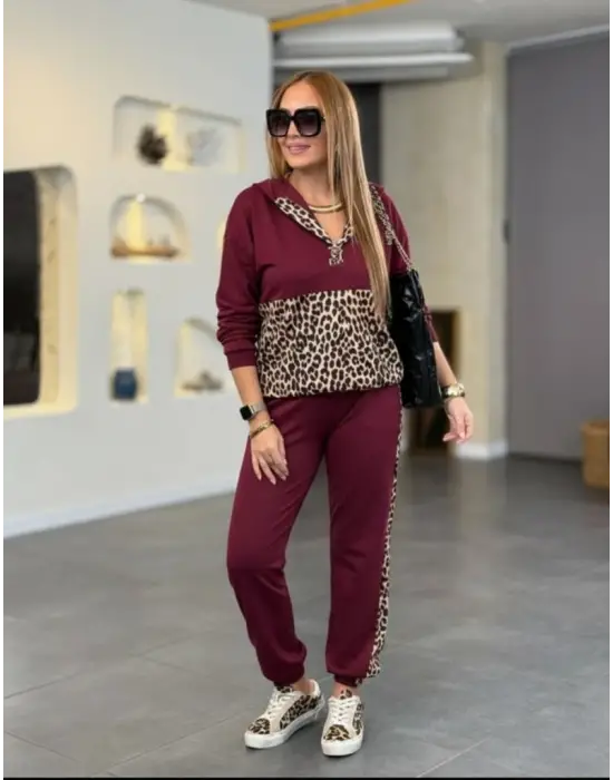 Kadın Uzun Kollu Kapşonlu Leopar Desen Detaylı Viskon Iki Iplik Bluz Ve Pantolon Ikili Takım