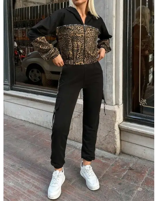 Kadın Uzun Kollu Kapşonlu Leopar Desenli Viskon Iki Iplik Bluz Ve Pantolon Ikili Takım