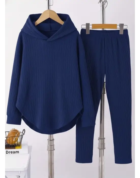 Kadın Uzun Kollu Kapşonlu Meloni Bluz Ve Pantolon Ikili Takım
