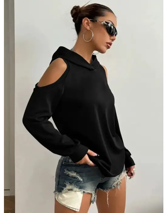 Kadın Uzun Kollu Kapşonlu Omuzlardan Açık Viskon Iki Iplik Bluz