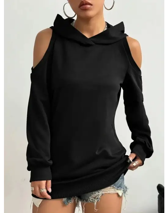 Kadın Uzun Kollu Kapşonlu Omuzlardan Açık Viskon Iki Iplik Bluz