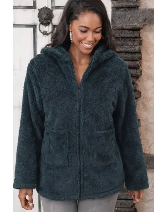 Kadın Uzun Kollu Kapşonlu önden Fermuarlı Cepli Welsoft Ceket