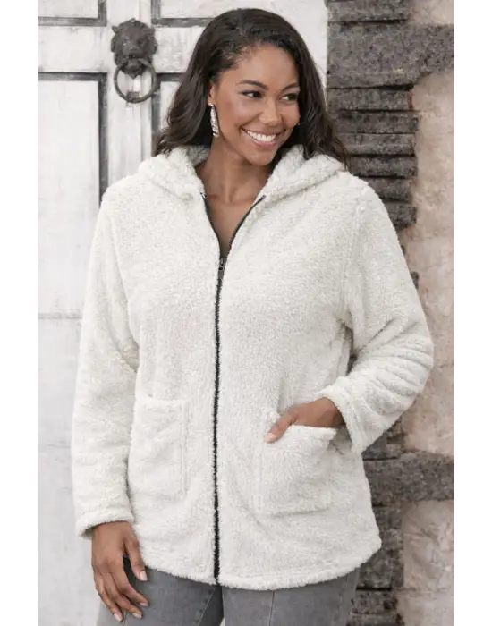 Kadın Uzun Kollu Kapşonlu önden Fermuarlı Cepli Welsoft Ceket