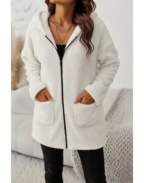 Kadın Uzun Kollu Kapşonlu önden Fermuarlı Cepli Welsoft Ceket