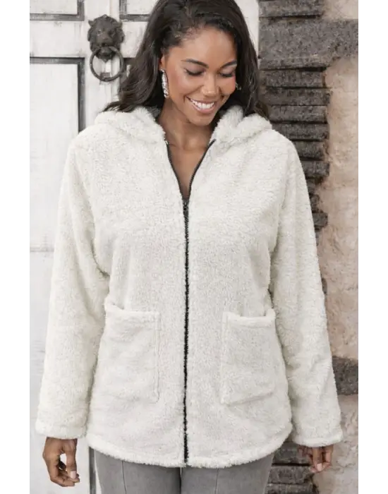 Kadın Uzun Kollu Kapşonlu önden Fermuarlı Cepli Welsoft Ceket