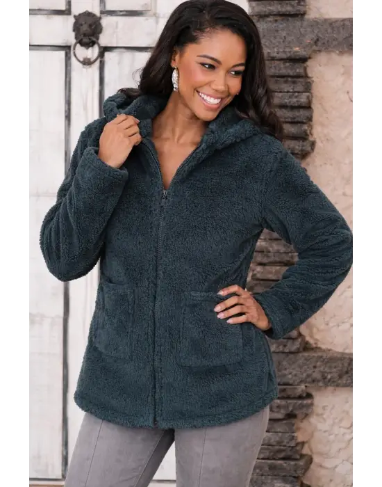 Kadın Uzun Kollu Kapşonlu önden Fermuarlı Cepli Welsoft Ceket