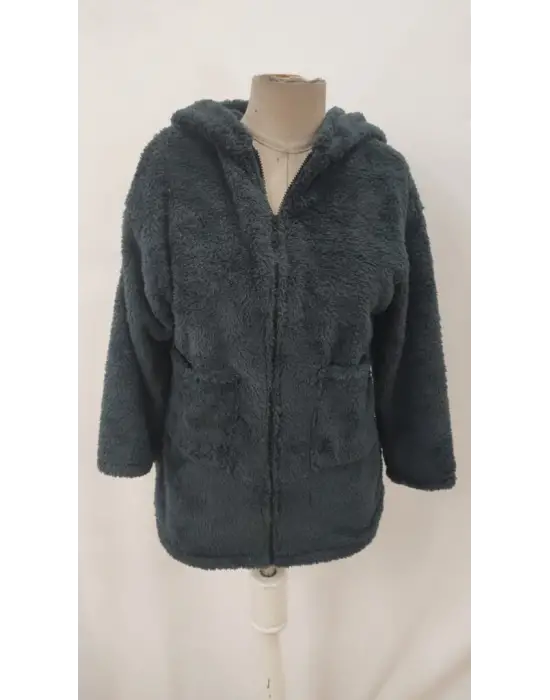 Kadın Uzun Kollu Kapşonlu önden Fermuarlı Cepli Welsoft Ceket