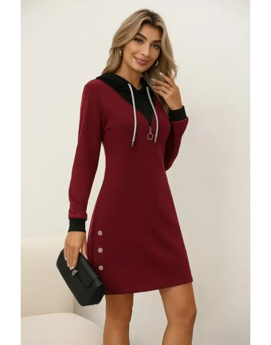 Kadın Uzun Kollu Kapşonlu önden Fermuarlı Düğmeli Mini Iki Iplik Elbise