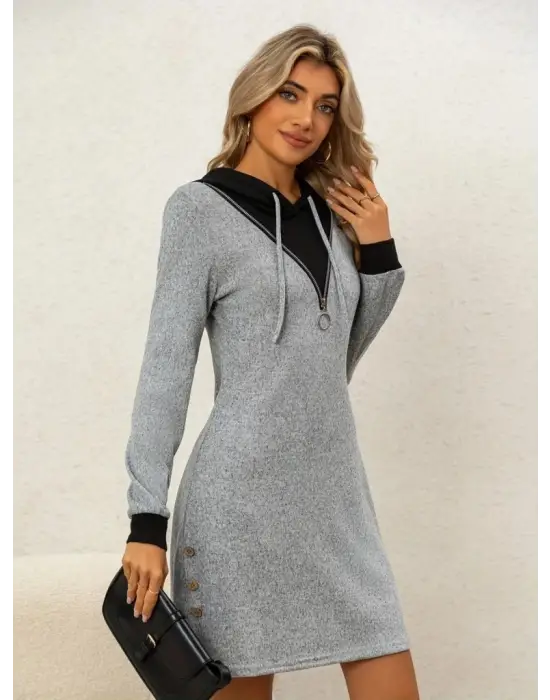 Kadın Uzun Kollu Kapşonlu önden Fermuarlı Düğmeli Mini Iki Iplik Elbise
