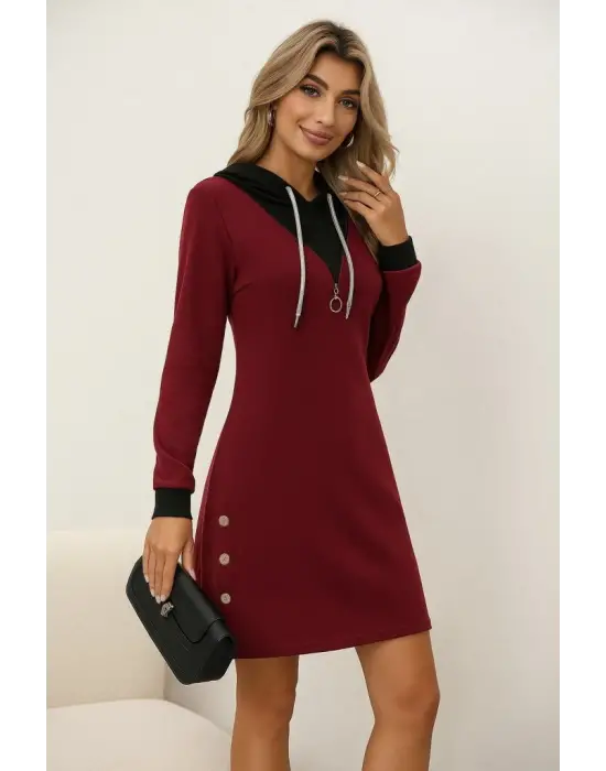 Kadın Uzun Kollu Kapşonlu önden Fermuarlı Düğmeli Mini Iki Iplik Elbise